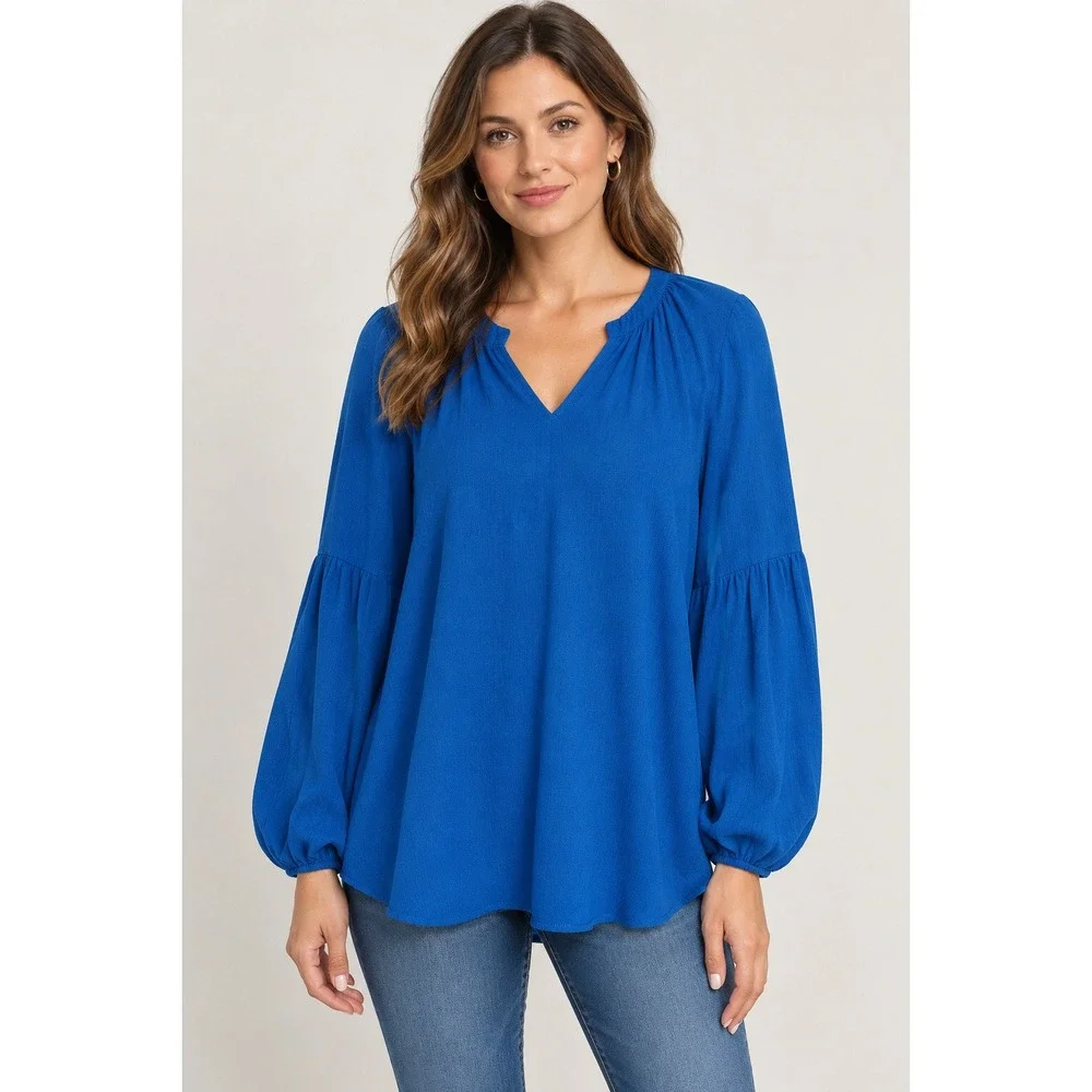 Lilly Pulitzer Blue Split Neck Puff Sleeve Blouse Medium Crepe Top